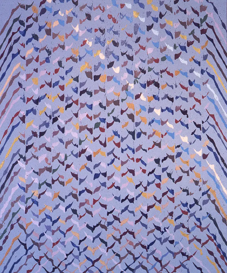 Abstract painting of rows of small multicolored splash marks on a lavender field with rainbow streaks curving along the edges.