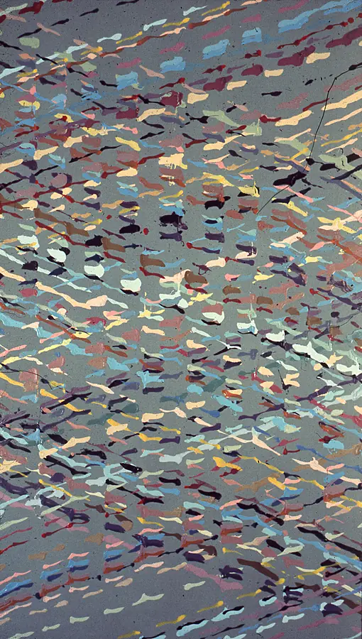 Tall abstract painting of small pastel and dark paint drips rippling across a blue-gray field.