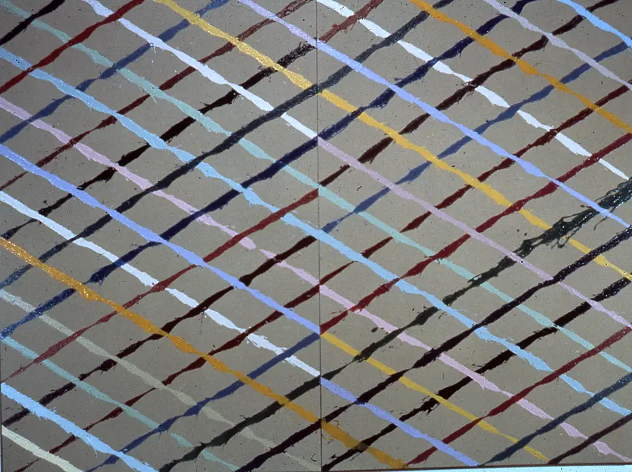 Abstract painting of crossing diagonal ribbons of yellow, blue, pink and dark paint on a tan ground.