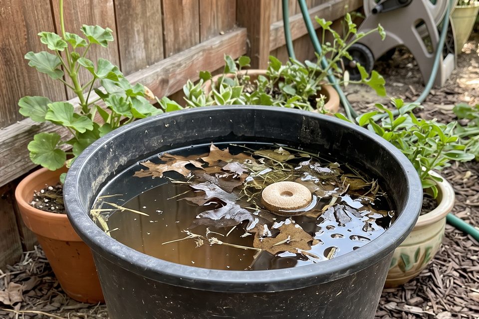 A black kill bucket in a shady backyard corner, filled with brown water, dead leaves and a floating Mosquito Dunk