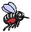 Pixel art of a black-and-white Asian tiger mosquito flying with a belly full of blood