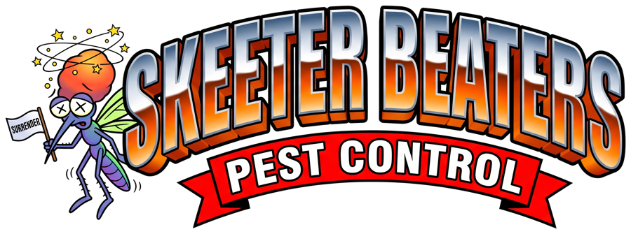Skeeter Beaters Pest Control logo: a dizzy cartoon mosquito waving a surrender flag